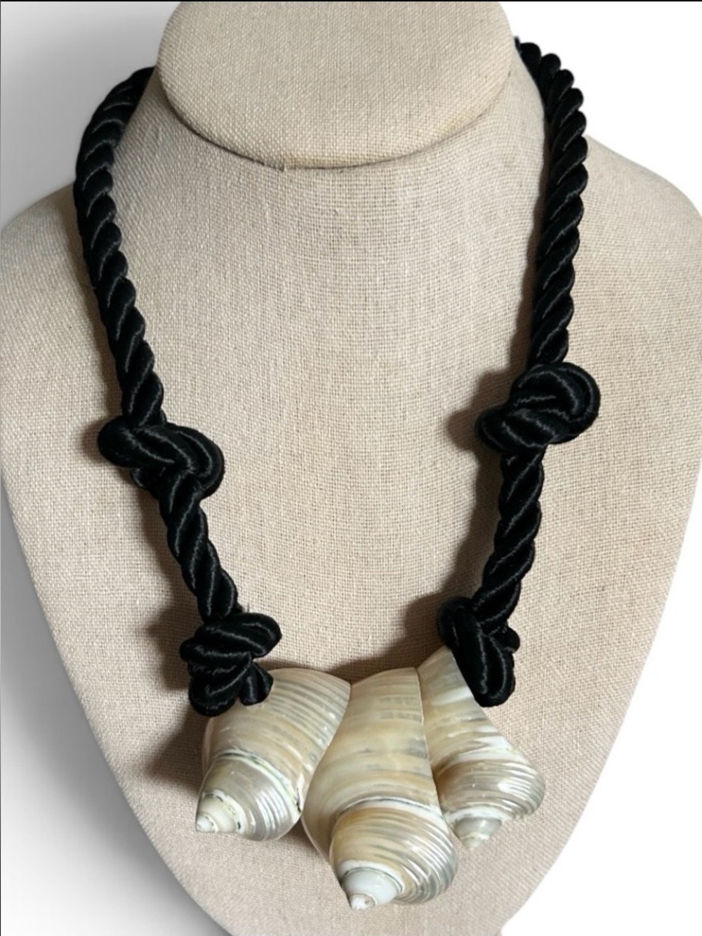 Vintage Coastal Shell Statement Necklace on Black Satin Knotted Rope
